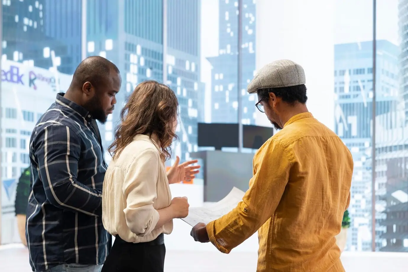 Ein Geschäftsteam und ein Immobilienmakler organisieren den Umzug des Unternehmensbüros.